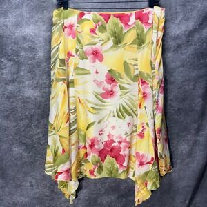 Nygard Collection 100% Silk Midi Skirt Tropical Floral Handkerchief Hem Yellow
